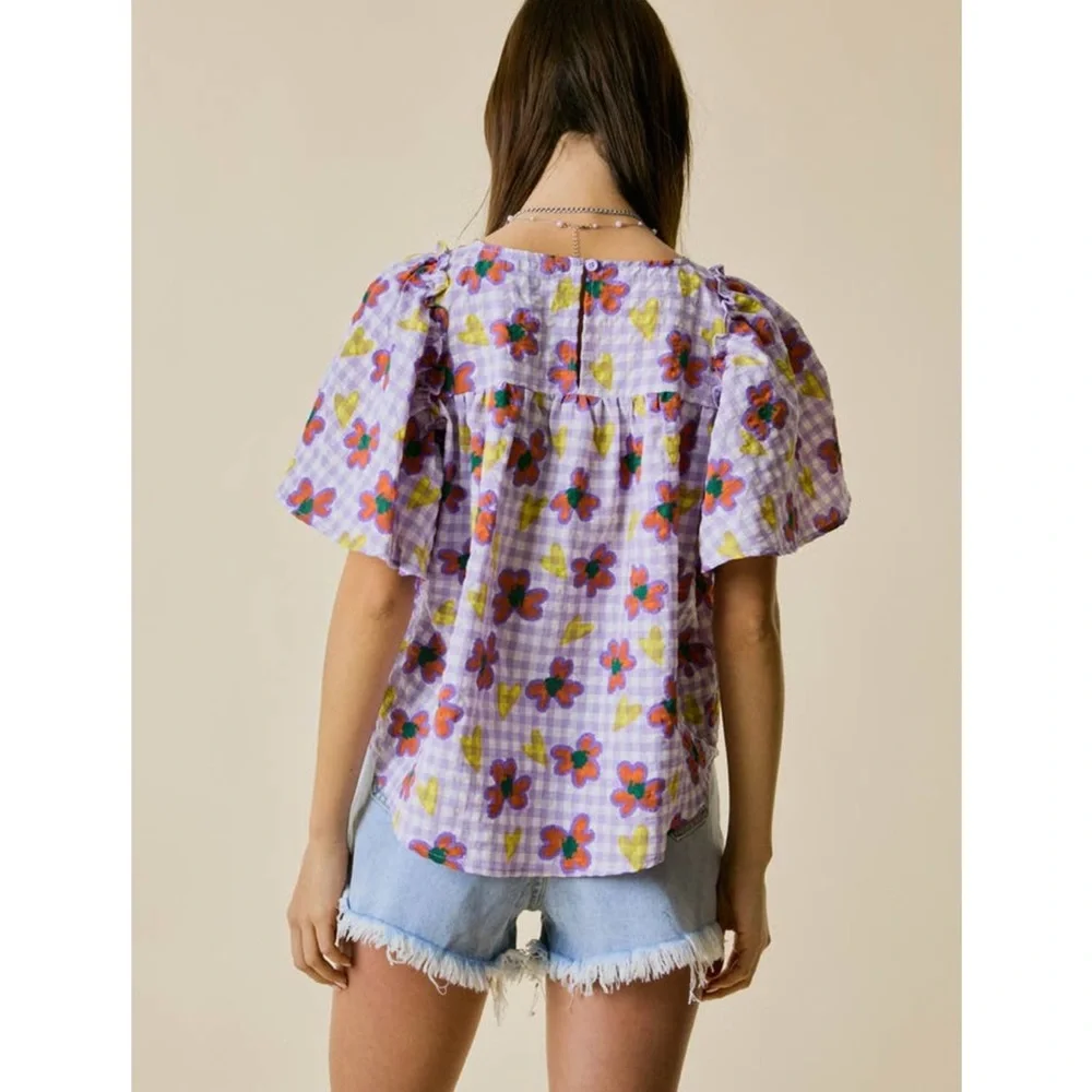 NWT Floral Heart Print Short Sleeve Puff Ruffle Top Size Medium - Picture 3 of 11